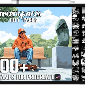 May include: A digital illustration of a city park scene with a person sitting on a bench. The image is a digital stamp set for the Procreate app. The text "Greenspace City Parks" and "100+ Stamps for Procreate" are visible. The image is in a digital tablet frame.