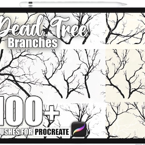 Könnte beinhalten: Ein digitales Kunstset, das auf einem Tablet angezeigt wird und schwarze Illustrationen von Ästen toter Bäume zeigt. Der Text lautet "Dead Tree Branches" und "100+ Brushes for Procreate."