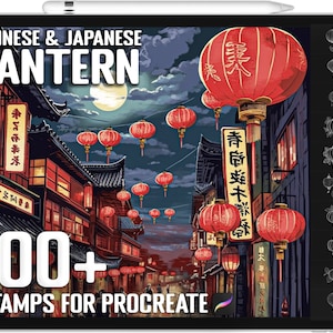 May include: A digital illustration of a night scene in a Chinese city with red lanterns hanging from buildings and a full moon in the sky. The text "CHINESE & JAPANESE LANTERN" and "100+ STAMPS FOR PROCREATE" are visible.