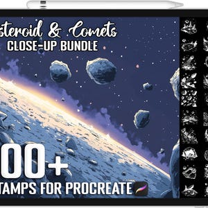 Puede incluir: Una ilustración digital de una escena espacial con asteroides y cometas. La imagen es un primer plano de un planeta con un sol naranja brillante en el fondo. La imagen está etiquetada como "Asteroid & Comets CLOSE-UP BUNDLE 100+ STAMPS FOR PROCREATE".