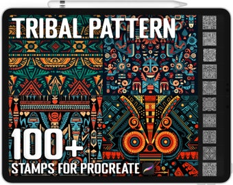 Peut inclure: L'écran d'une tablette numérique affiche un ensemble de plus de 100 tampons de motifs tribaux pour Procreate. Les tampons présentent des motifs géométriques colorés avec des lignes et des formes audacieuses.