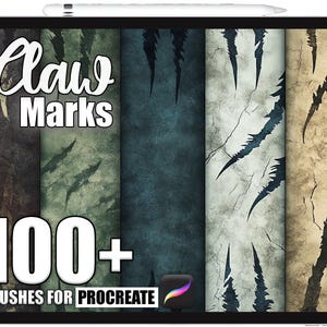 Könnte beinhalten: Ein digitales Tablet zeigt eine Sammlung von Krallenmarken-Pinseln für Procreate. Das Bild enthält den Text "Claw Marks" und "100+ Brushes for Procreate". Der Hintergrund zeigt verschiedene Texturen und Kratzdesigns in Braun-, Grün- und Blautönen.