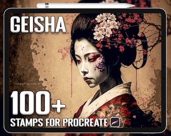 Può includere: Un'illustrazione digitale di una geisha con fiori di ciliegio nei capelli. L'immagine viene utilizzata per pubblicizzare un set di oltre 100 timbri digitali per Procreate.