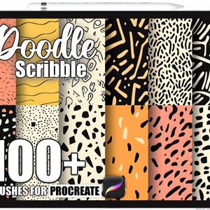May include: A digital tablet displays a collection of 100+ Procreate brushes with doodle and scribble patterns. The patterns feature various colors, including black, white, orange, and peach. The text "Doodle Scribble" and "Brushes for Procreate" are visible.