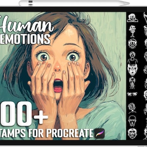 Könnte beinhalten: Ein Tablet-Bildschirm zeigt ein digitales Kunstprodukt. Das Bild zeigt eine überraschte Frau mit dem Text "Human Emotions" und "100+ Stamps for Procreate". Ein Stift befindet sich oben.