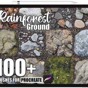 Puede incluir: Una tableta muestra un conjunto de arte digital con el texto "Rainforest Ground" y "100+ Brushes for Procreate". La imagen presenta diversas texturas, incluyendo rocas, hojas y musgo, ideal para fondos de arte digital.