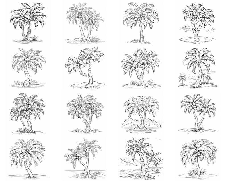 May include: A collection of 16 black and white line drawings of palm trees. The palm trees are drawn in a simple, stylized manner and are all different shapes and sizes. Some of the palm trees have coconuts on them.