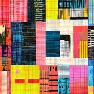 May include: Abstract artwork with a patchwork design. The piece is a collage of rectangular and square shapes in vibrant colours such as pink, yellow, blue, and orange. Each shape has unique patterns, including lines and textures.