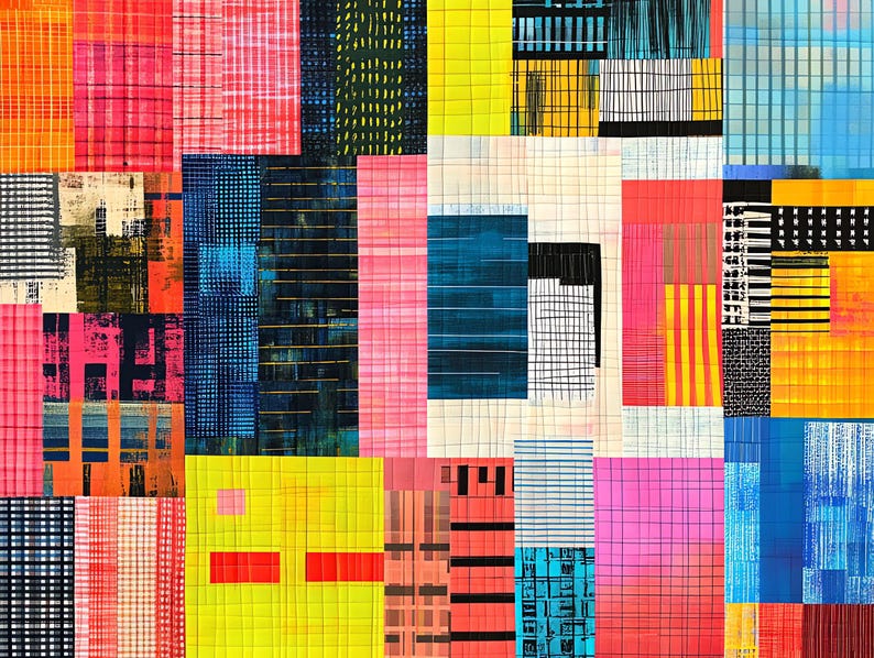 May include: Abstract artwork with a patchwork design. The piece is a collage of rectangular and square shapes in vibrant colours such as pink, yellow, blue, and orange. Each shape has unique patterns, including lines and textures.