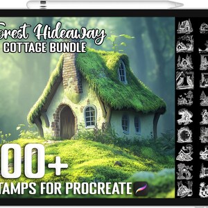 May include: A digital illustration of a cottage with a green mossy roof in a forest setting. The image includes the text "Forest Hideaway Cottage Bundle" and "100+ Stamps for Procreate".