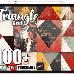 May include: A digital tablet displays a colorful geometric design with the words "Triangle Grid" and "100+ Brushes for Procreate." The design features triangles and diamonds in red, yellow, black, and white, with a distressed, textured appearance. A stylus rests at the top.