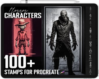 May include: A digital illustration of a tablet screen displaying a set of 100+ horror character stamps for Procreate. The image shows a red-clothed monster with a top hat and a black-clothed monster with a skull mask. The text "Horror Characters" and "100+ Stamps for Procreate" is displayed on the screen.