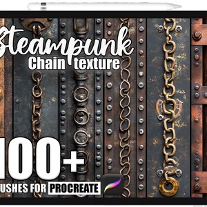 Op de afbeelding: Een digitale kunstafbeelding op een tablet met een steampunk kettingtextuur. De afbeelding toont verschillende kettingontwerpen, klinknagels en metalen texturen in bruin, goud en grijs. Tekst luidt "Steampunk Chain texture" en "100+ Brushes for Procreate."