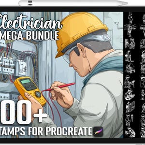 May include: Digital illustration of an electrician using a multimeter on an electrical panel. The image is on a tablet with the text "Electrician MEGA BUNDLE" and "100+ STAMPS FOR PROCREATE". The electrician wears a yellow hard hat and safety glasses.