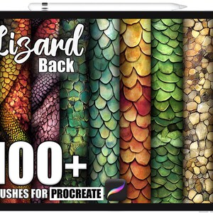 Puede incluir: Una tableta muestra texturas digitales de piel de lagarto en tonos verdes, naranjas y morados. El texto "Lizard Back" y "100+ Brushes for Procreate" es visible.