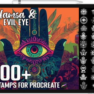 Puede incluir: Una ilustración digital de una mano de hamsa con un ojo malvado en el centro, rodeada de coloridos patrones florales. El texto "Hamsa & Evil Eye" y "100+ Stamps for Procreate" se muestra en la imagen.