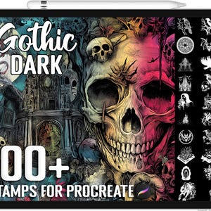 May include: A digital illustration of a skull with a gothic castle in the background. The text "Gothic DARK" and "100+ STAMPS FOR PROCREATE" is displayed on the image. The image is a preview of a digital stamp set for the Procreate app.