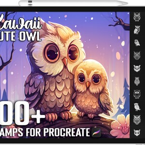 Más de 100 sellos de búho Kawaii Procreate, pinceles de búho Kawaii realistas únicos para Procreate, descarga digital instantánea