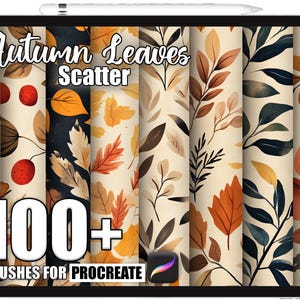 May include: A tablet screen displaying digital art with autumn leaf designs. The text reads "Autumn Leaves Scatter" and "100+ Brushes for Procreate". The colour scheme features orange, brown, and cream tones, evoking a seasonal theme.
