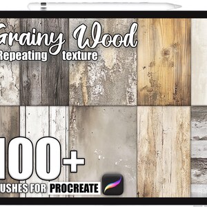 May include: A digital art product displayed on a tablet. The image showcases a variety of wood textures, with text that reads "Grainy Wood Repeating texture" and "100+ Brushes for Procreate". The Procreate app logo is visible.