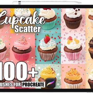 Op de afbeelding: Een digitale illustratie op een tablet met verschillende cupcakes met kleurrijke glazuur en toppings. De tekst "Cupcake Scatter" en "100+ Brushes for Procreate" worden weergegeven. De cupcakes hebben roze, witte en blauwe cupcakevormpjes.