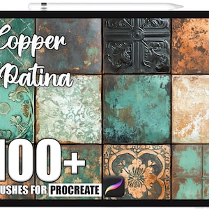 Może przedstawiać: Cyfrowa prezentacja grafiki na tablecie z kolekcją tekstur patyny miedzianej. Tekst "Copper Patina" jest wyświetlany kursywą, z napisem "100+ Brushes for Procreate" poniżej. Tekstury są w odcieniach turkusu, brązu i czerni.