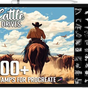 Puede incluir: Una ilustración digital de un vaquero montando un caballo a través de un campo de ganado. La imagen está en la pantalla de una tableta con el texto "Cattle Drives" y "100+ Stamps for Procreate" en la pantalla. La imagen es un conjunto de sellos digitales para la aplicación Procreate.