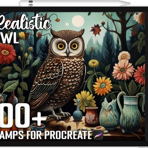 May include: A digital illustration of a realistic owl with brown and white feathers, surrounded by flowers and plants. The text "Realistic OWL 100+ STAMPS FOR PROCREATE" is displayed at the bottom of the image.