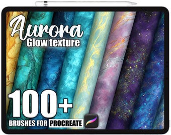 May include: A digital tablet displays a collection of colorful, swirling textures labeled "Aurora Glow texture." The image includes the text "100+ Brushes for Procreate." The textures range from gold and teal to purple and blue, with a stylus resting at the top.