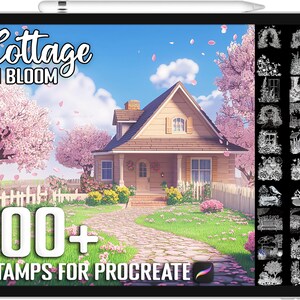 May include: A digital illustration of a cottage with a white picket fence and blooming cherry trees. The text "Cottage in Bloom" is displayed above the image. The image is accompanied by a collection of 100+ stamps for Procreate, featuring various cottage and garden elements.