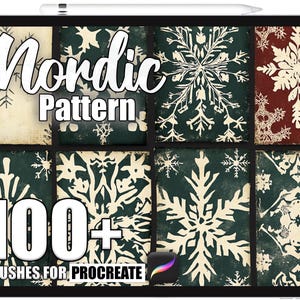 May include: A digital art display featuring a collection of Nordic pattern brushes for Procreate. The design showcases various snowflake and geometric patterns in white against dark green and burgundy backgrounds. The text reads "Nordic Pattern" and "100+ Brushes for Procreate."