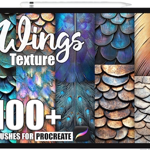Könnte beinhalten: Eine digitale Kunstpräsentation auf einem Tablet mit einer Sammlung von Texturen, darunter Federn und Schuppen, in Blau-, Braun- und Goldtönen. Der Text "Wings Texture" und "100+ Brushes for Procreate" sind zu sehen.