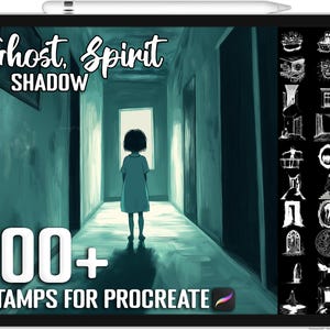 May include: A digital illustration of a hallway with a young person standing in the middle. The image is a digital product for Procreate, a digital art app. The text "Ghost, Spirit, SHADOW" is at the top of the image. The text "100+ STAMPS FOR PROCREATE" is at the bottom of the image. The image is a digital product for Procreate, a digital art app.