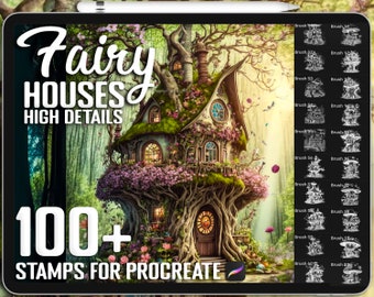 May include: A digital illustration of a whimsical fairy house nestled in a lush forest. The house is built into a tree trunk and has a mossy roof, a wooden door, and a clock face. The image is surrounded by a border of 100+ black and white stamps of fairy houses, labeled "Brush 52", "Brush 12", etc. The text "Fairy Houses High Details 100+ Stamps for Procreate" is displayed at the bottom of the image.
