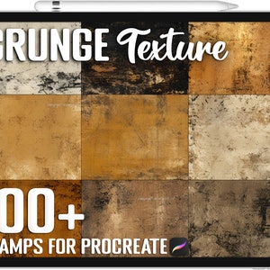 Può includere: Un'illustrazione digitale di uno schermo iPad che mostra un set di oltre 100 timbri di texture grunge per Procreate. L'immagine mostra una varietà di texture marroni, beige e grigie.
