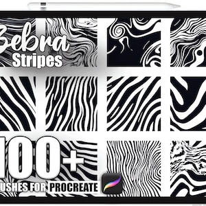 May include: A digital tablet shows various black and white zebra stripe designs. The words "Zebra Stripes" are displayed at the top, with "100+ Brushes for Procreate" at the bottom. A stylus is positioned at the top of the tablet.