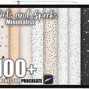 Puede incluir: Una tableta digital muestra patrones de puntos y motas. El texto "Dots and Specks Minimalist" está en la parte superior, con "100+ Brushes for Procreate" debajo. Los patrones varían en color y densidad de puntos, con un icono de la aplicación Procreate.