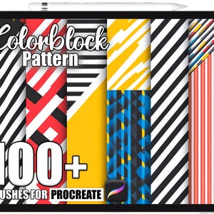 May include: A digital tablet shows a variety of colourblock patterns. The screen displays designs such as stripes and geometric shapes, with the text "Colorblock Pattern" and "100+ Brushes for Procreate".