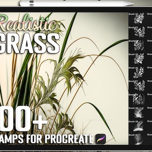 May include: A digital illustration of a tablet screen displaying a set of 100+ realistic grass stamps for Procreate. The image shows a variety of grass textures and styles, with the text "Realistic GRASS 100+ STAMPS FOR PROCREATE" displayed on the screen.