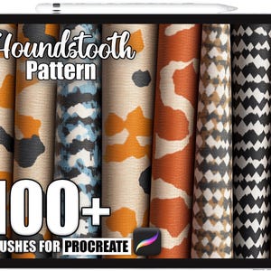 May include: An iPad displays a collection of houndstooth pattern brushes for Procreate. The patterns include orange, black, and blue designs. The text reads "Houndstooth Pattern" and "100+ Brushes for Procreate."