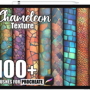 Könnte beinhalten: Ein digitales Tablet zeigt eine Sammlung farbenfroher, strukturierter Muster. Die Worte "Chameleon Texture" stehen oben, darunter "100+ Brushes for Procreate". Die Muster umfassen Mosaik- und steinartige Designs in verschiedenen Farben.