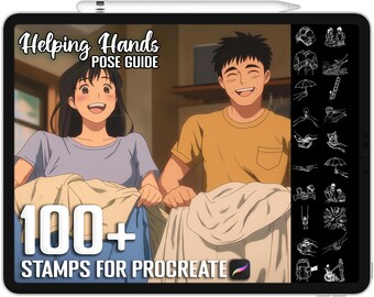 Puede incluir: Una ilustración digital de dos personajes de anime, una chica y un chico, con el texto "Helping Hands POSE GUIDE 100+ STAMPS FOR PROCREATE" sobre un fondo blanco.