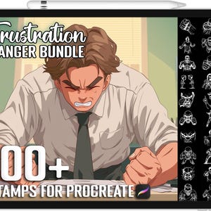May include: Digital art bundle displayed on a tablet. The screen shows a frustrated cartoon character with the text "Frustration ANGER BUNDLE" and "100+ STAMPS FOR PROCREATE". A stylus rests at the top of the tablet.