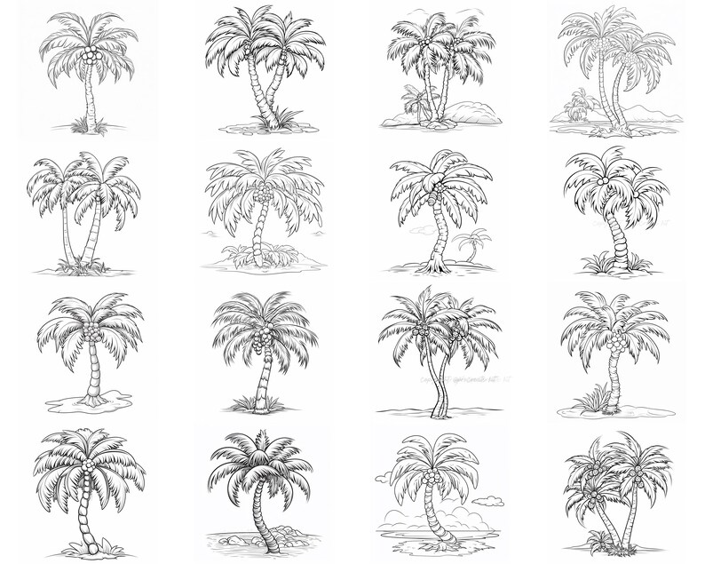 May include: A collection of 16 black and white line drawings of palm trees. The trees are drawn in a variety of styles, some with coconuts, some with leaves, and some with both. The drawings are all on a white background.