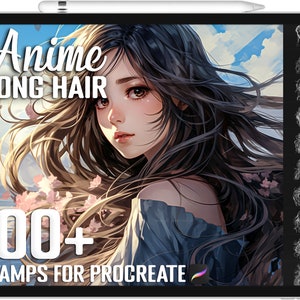 Mais de 100 selos de cabelo comprido de anime Procreate, escovas guia de cabelo longo para Procreate, download digital instantâneo