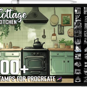 May include: Digital art set on a tablet screen showing a cottage kitchen scene with the text "Cottage Kitchen" and "100+ Stamps for Procreate". The image includes a stove, cabinets, and kitchen utensils.