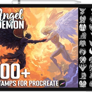 Könnte beinhalten: Eine digitale Illustration eines Engels und eines Dämons mit Flügeln vor einem feurigen Hintergrund. Der Text "Angel Demon 100+ Stamps for Procreate" wird am unteren Rand des Bildes angezeigt.