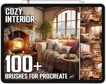 Oltre 100 timbri per interni accoglienti Procreate, pennelli guida per interni per Procreate, download digitale istantaneo
