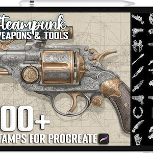 May include: A digital illustration of a steampunk revolver with intricate details in silver and gold tones. The image is on a tablet screen, with the text "Steampunk Weapons & Tools" and "100+ Stamps for Procreate".