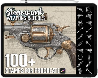 100+ Procreate Steampunk Weapons & Tools Stamps, Realistic Brushes for Procreate, Instant Digital Download